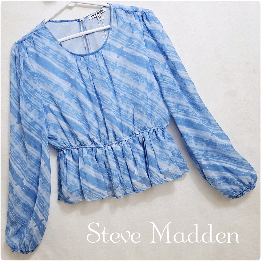 NWT- Steve Madden, Semisheer Peplum Top in Azure Blue, Sz Medium